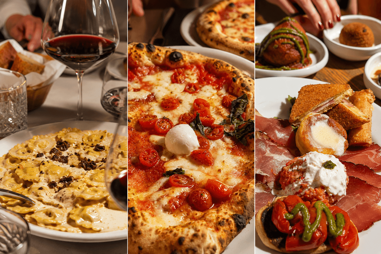Tavola conviviale con piatti italiani e vino